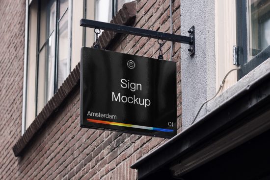 Outdoor sign mockup hanging on a building wall, ideal for showcasing branding designs to clients.
